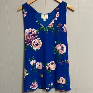 Sleeveless Floral V-Neck Top - Blue with Pink Roses